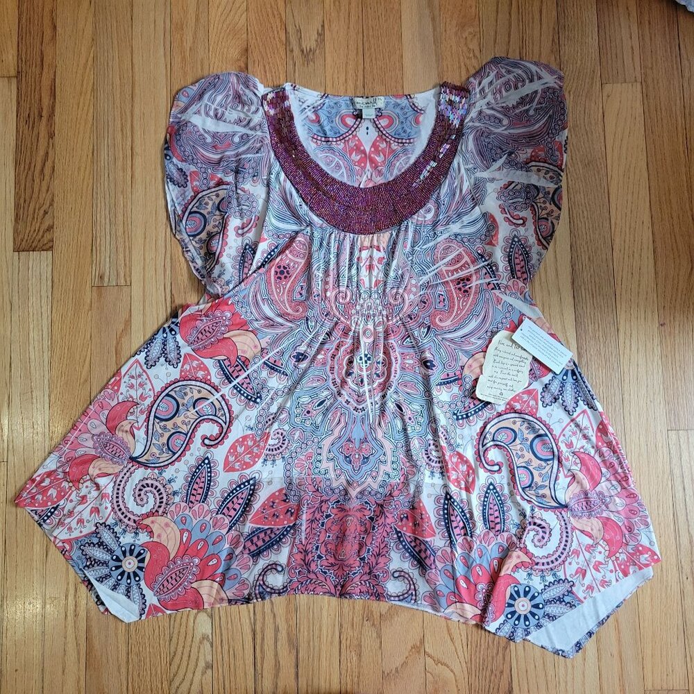 Beaded Collar Boho Paisley Print Top With Puff Sleeves & Flowing Hemline XL